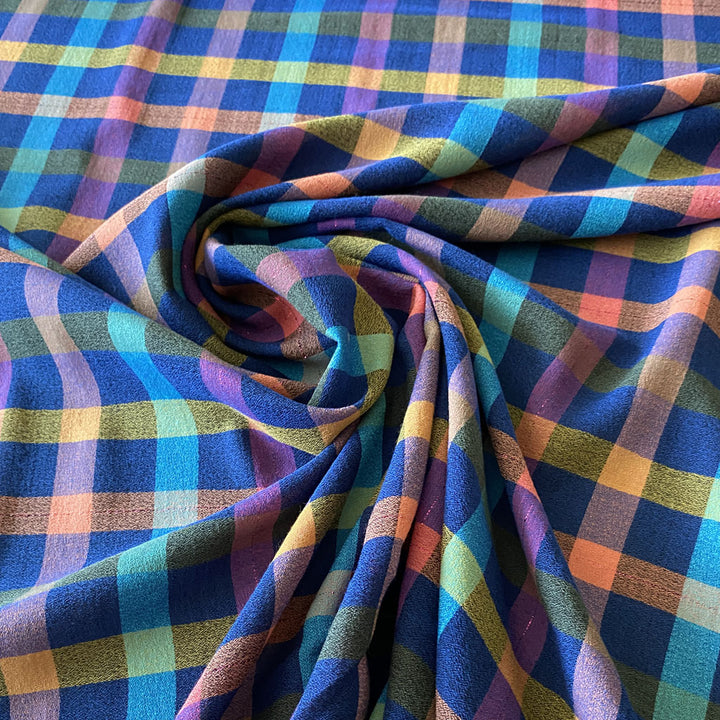 Crêpe coton esprit madras fonds bleu