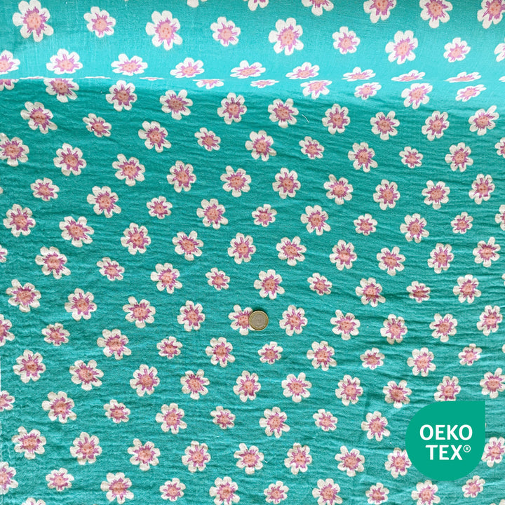 Tissu Double gaze vert d'eau fleur rose