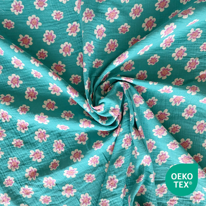 Tissu Double gaze vert d'eau fleur rose